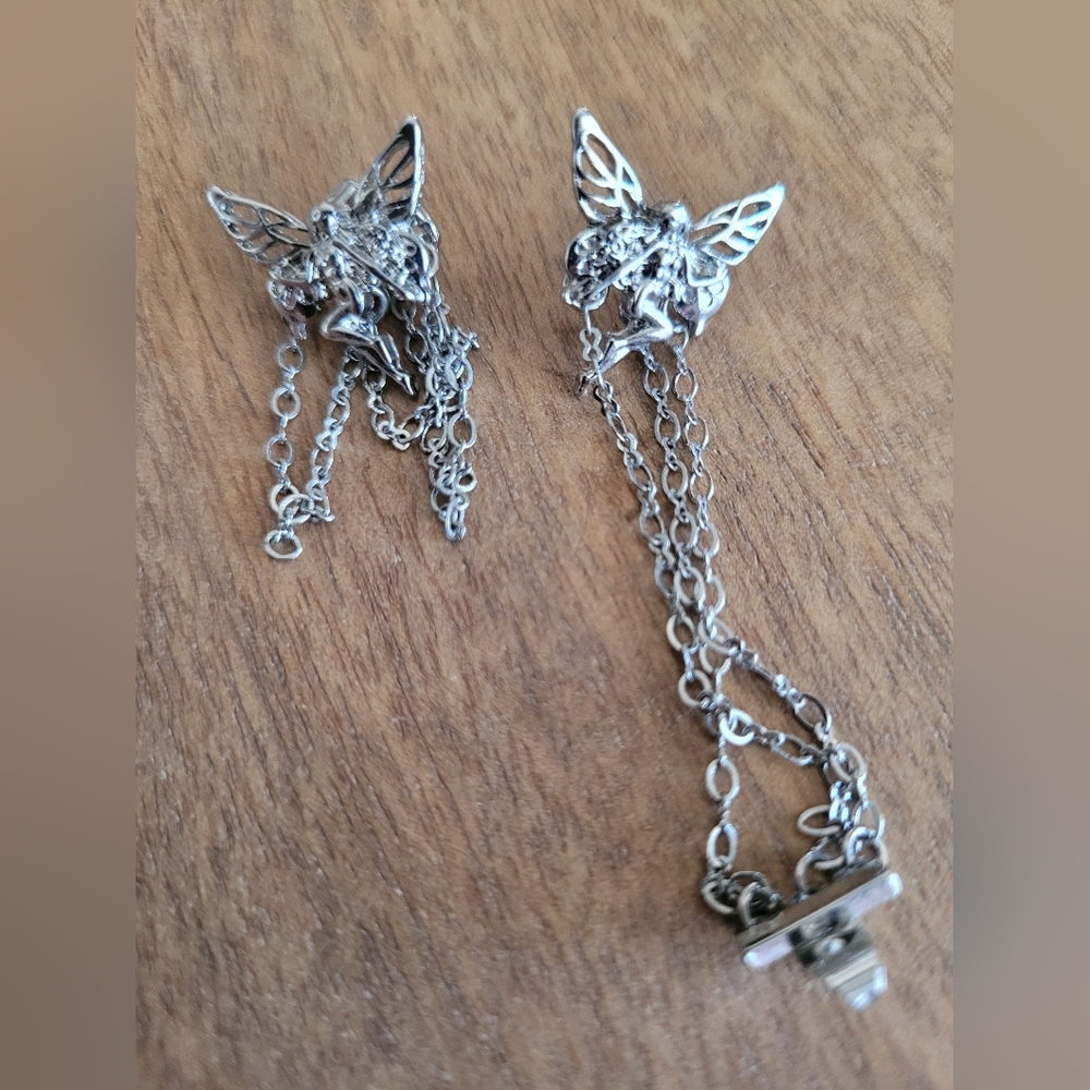Mystical Silver Fairy Goth Earrings with Chains - Picture 2 of 2